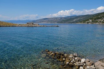 Idyllic view of rocky coast of Adriatic sea with amazing crystal clear water in Sveti Juraj,...