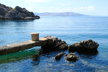 Idyllic view of rocky coast of Adriatic sea with amazing crystal clear water in Sveti Juraj,...