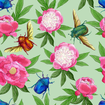 Pattern with peonies and beetles on a green background. Pattern for fabric, wallpaper. Juicy and bright print.