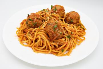 Basic Spaghetti and Meatballs on a White Plate with a White Background