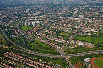 Aerial view of housing alongside the M11 Motorway in Woodford in North London