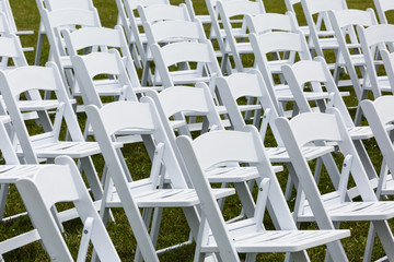 Empty Outside Wedding Ceremony White Chairs - obrazy, fototapety, plakaty
