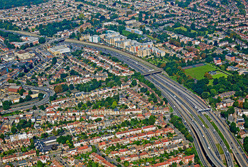 Aerial view of the A12 in North London running through Leytonstone