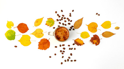 Autumn flat composition coffee Cup with brightly colored dry leaves and coffee beans lying on a white background. Creative autumn, thanksgiving, Halloween concept. Top view, copy space