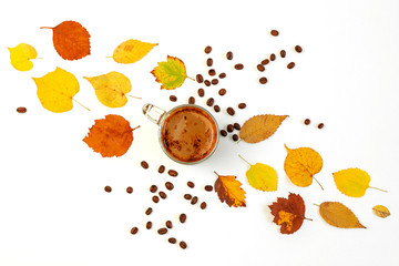 Autumn flat composition coffee Cup with brightly colored dry leaves and coffee beans lying on a white background. Creative autumn, thanksgiving, Halloween concept. Top view, copy space