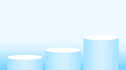 light blue pedestal cylinder circle 3 steps for cosmetics showcase, podium circle stage blue pastel soft color, platform steps for advertising, podium round for product display, copy space
