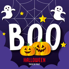 happy halloween banner, with pumpkins, ghosts, stars and spider web in paper cut style vector illustration design