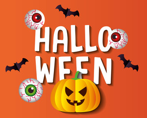 happy halloween banner, with pumpkin, scary eyeballs and bats flying in paper cut style vector illustration design
