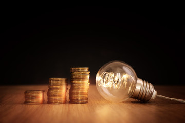 Light bulb illuminates a stack of coins, a concept of smart investment, increase in income and...