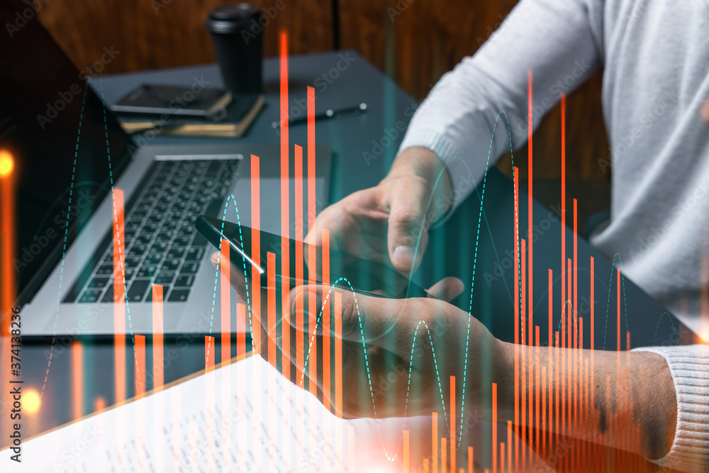 Poster man using phone. hands typing smartphone. double exposure with forex graph hologram. close up. finan