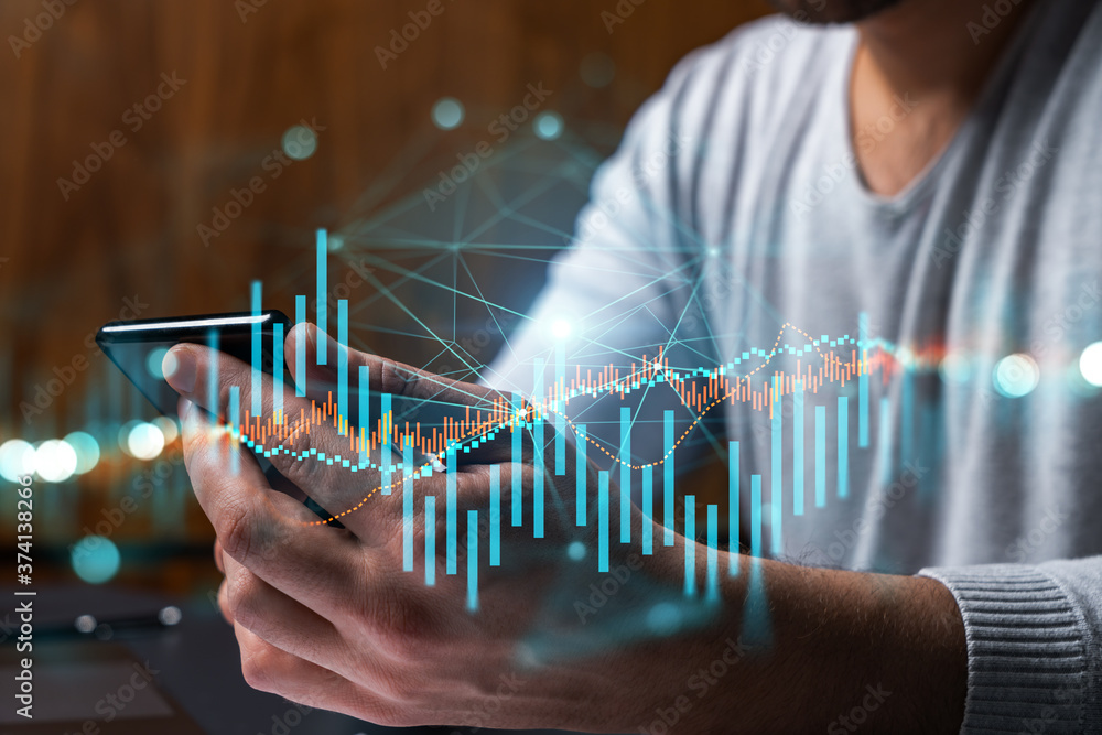 Poster man using phone. hands typing smartphone. double exposure with forex graph hologram. close up. finan