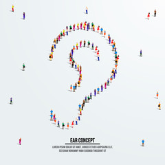 Ear concept. A large group of people form to create a shape ear. People organ icon series. Vector illustration.