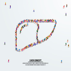 Liver concept. A large group of people form to create a shape liver. People organ icon series. Vector illustration.