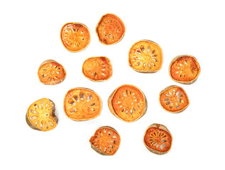 Fototapeta na wymiar Dry bael fruit or Aegle marmelos isolated on white background