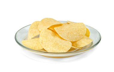 potato chips with transparent dish isolated on white background ,include clipping path