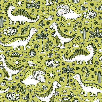 Extinct animals. Prehistoric Reptiles. Cute Cartoon Dinosaur Vector Seamless pattern. Hand drawn doodle Dinosaurs: Tiranossauro Rex, Triceratops, Stegosaurus, Diplodocus and Plants
