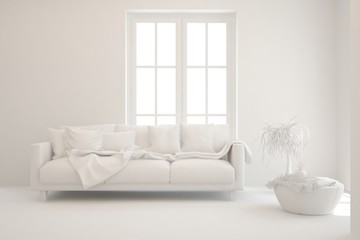 White minimalist living room with sofa. Scandinavian interior design. 3D illustration