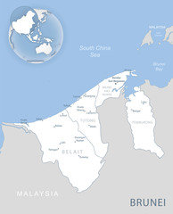 Blue-gray detailed map of Brunei and administrative divisions and location on the globe.