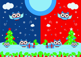 christmas greeting card with owls