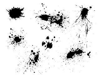 Vector black and white ink splash, blot and brush stroke, spot, spray, smudge, spatter, splatter, drip, drop, ink blob Grunge textured elements for design, background. - 374139451