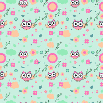 seamless pattern with spring owls