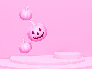 Pink Halloween pumpkin with podium display stand on pastel pink background 3d rendering. 3d illustration pumpkin for celebration sweet Halloween event template minimal style concept.