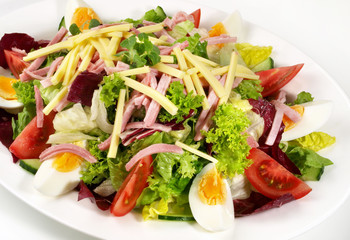 Mixed Chef Salad with Ham and Cheese - Isolated on white Background