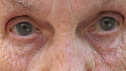 Fototapeta premium Portrait of senior grandmother looks into camera with amazed facial expression. Mature female face shows surprise emotions. Close up gray eyes of elderly woman with wrinkles around them