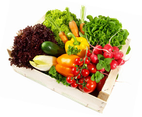 Mixed Vegetables and Salads in a Box on white Background - Isolated on white Background