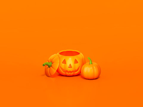 Jack o'Lantern or Halloween pumpkin on orange background 3d rendering. 3d illustration pumpkin for celebration Halloween event template minimal style concept.