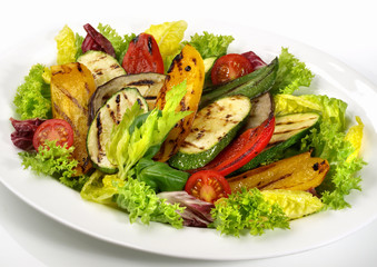 Grilled Vegetables on Mixed Salad - Isolated on white Background