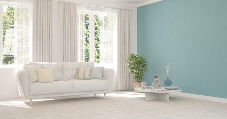 White living room with sofa. Scandinavian interior design. 3D illustration