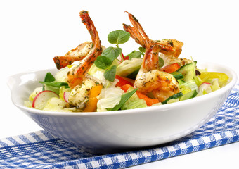 Mixed Salad with grilled Shrimps - Isolated on white Background