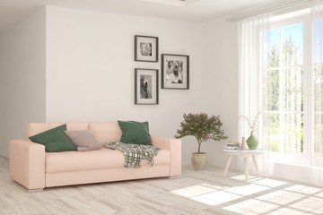 White living room with sofa. Scandinavian interior design. 3D illustration