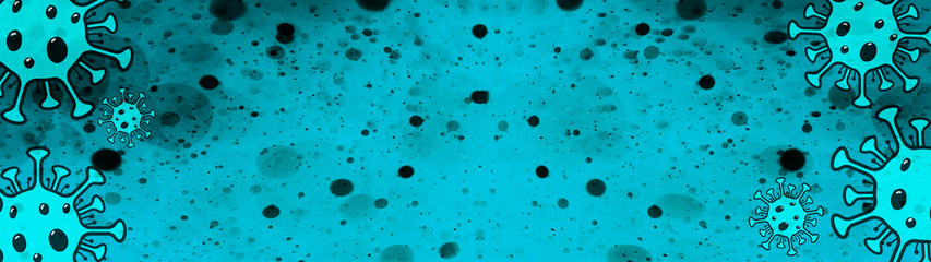 CORONAVIRUS background banner panorama illustration - Microbiology And Virology Concept - Abstract turquoise virus symbol isolated on aquamarine abstract dotted texture