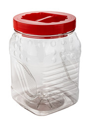 transparent plastic food storage container with red lid