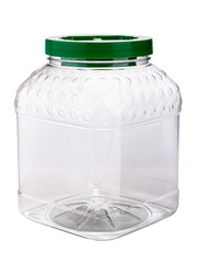 transparent plastic food storage container with green lid