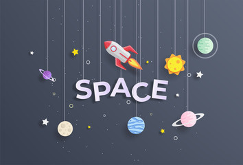 Paper art style of rocket flying in space, start up concept, flat-style vector illustration.