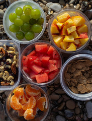Extra healthy and colorful breakfast on a rocky beach