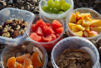 Extra healthy and colorful breakfast on a rocky beach