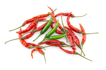 Dried red chilli and fresh green chilli on white background
