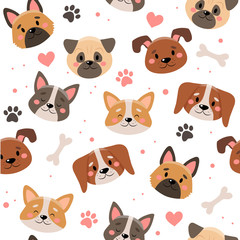 Cute pets seamless pattern with different dogs