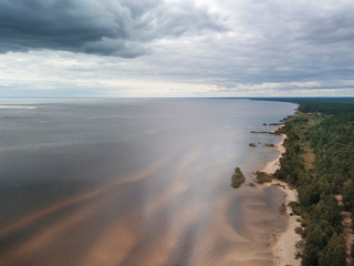 Coastline, sandy beach, dunes and shallows Lake Peipsi, Estonia, drone photo