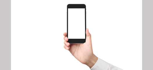 Man hand holding smartphone device and touching screen