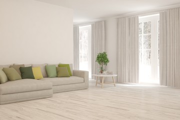 White living room with sofa. Scandinavian interior design. 3D illustration