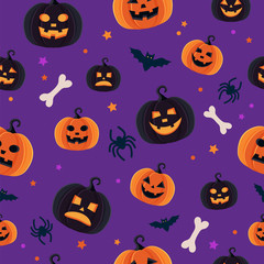 Halloween pattern with different pumpkins, spooky jack o lantern, spiders and bats