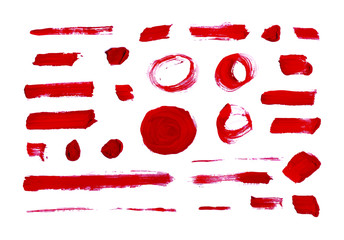 Vector red brush strokes, different shapes, abstract textured design elements isolated on white background.
