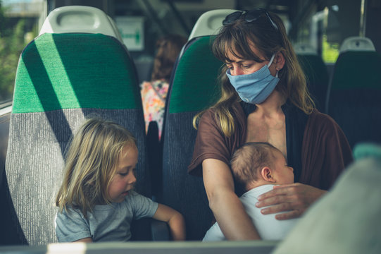 Mother with children wearing face mask on the train