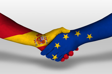 Handshake between european union and spain flags painted on hands, illustration with clipping path.