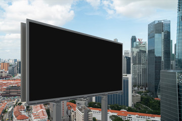 Blank black road billboard with Singapore cityscape background at day time. Street advertising poster, mock up, 3D rendering. Side view. The concept of marketing communication to sell idea.